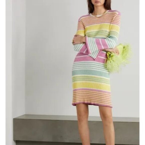 RIXO Milos Ruffled Pastel Striped Ribbed-Knit Mini Dress size 14 - Picture 1 of 11